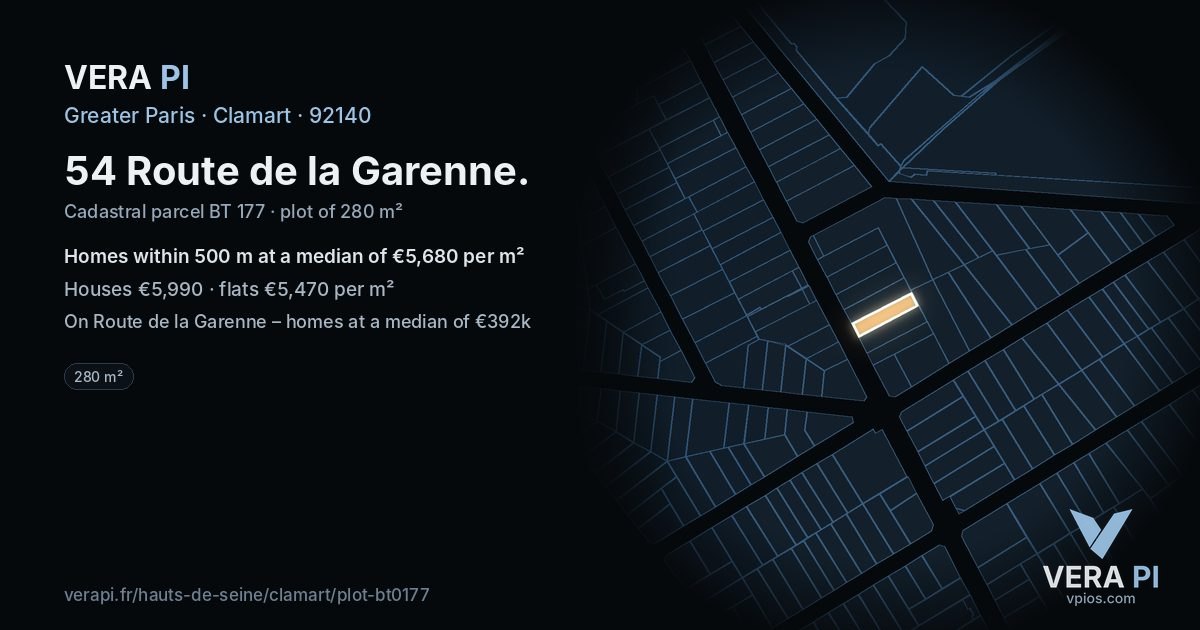 54 Route de la Garenne, Clamart at night – the plot lit, the parcels around coloured by the prices near them