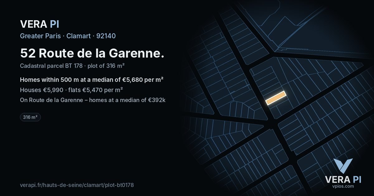 52 Route de la Garenne, Clamart at night – the plot lit, the parcels around coloured by the prices near them