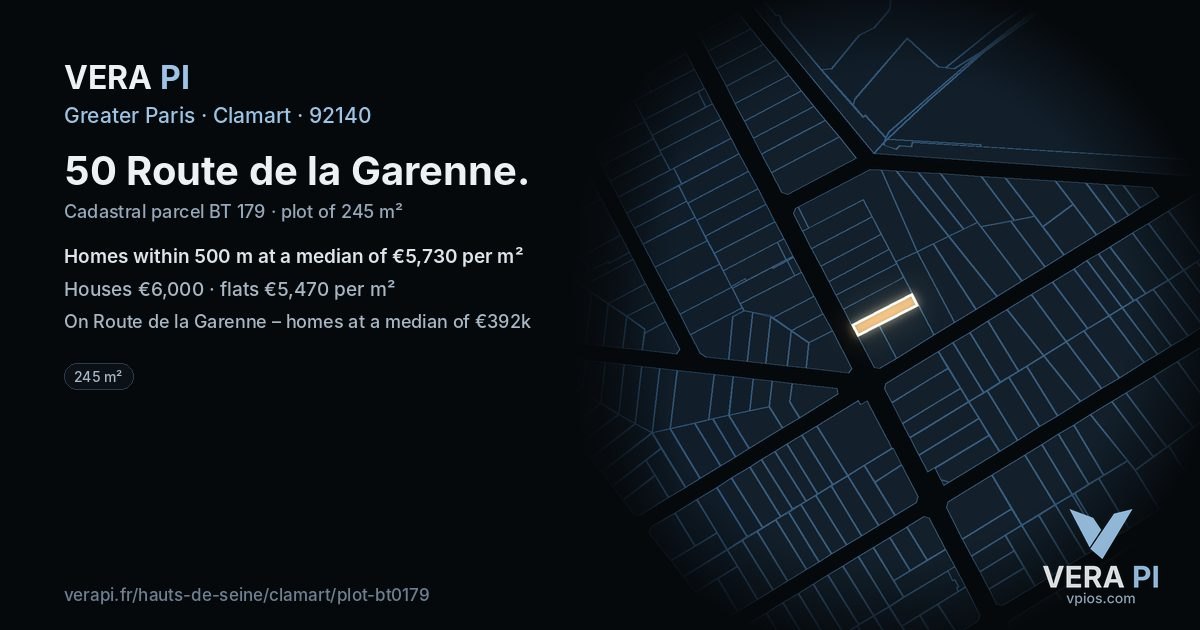 50 Route de la Garenne, Clamart at night – the plot lit, the parcels around coloured by the prices near them