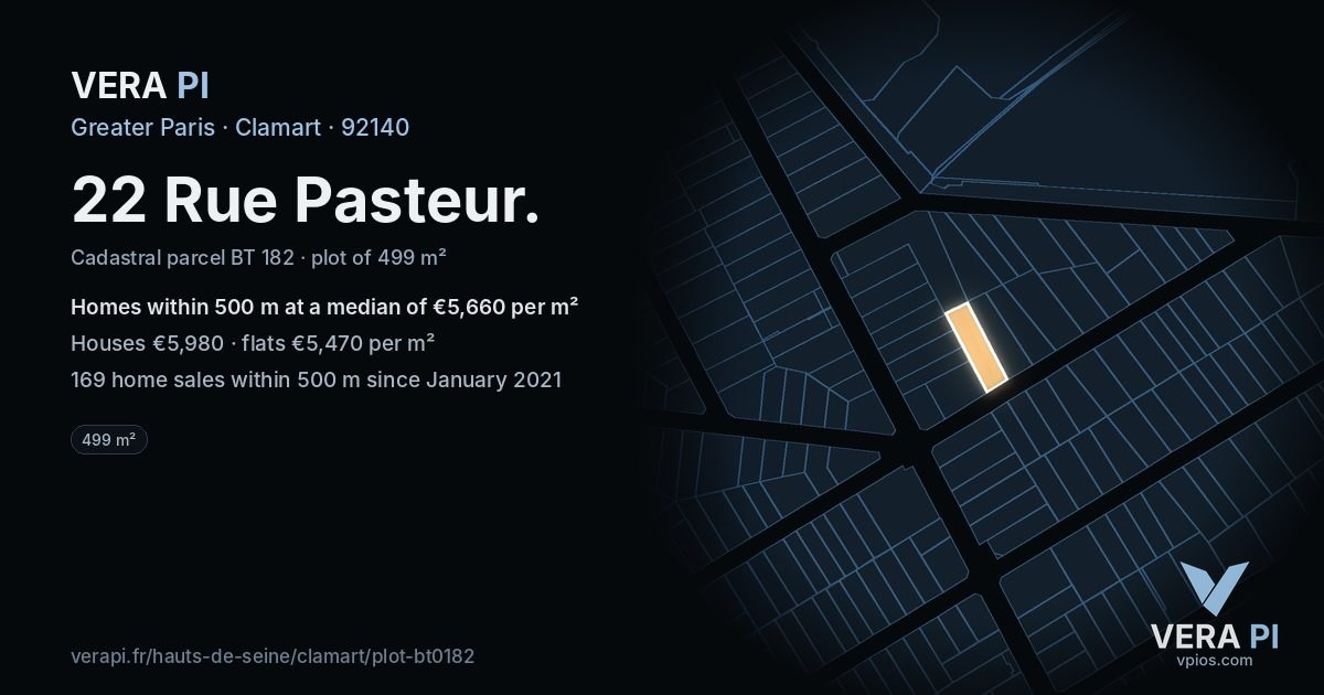 22 Rue Pasteur, Clamart at night – the plot lit, the parcels around coloured by the prices near them