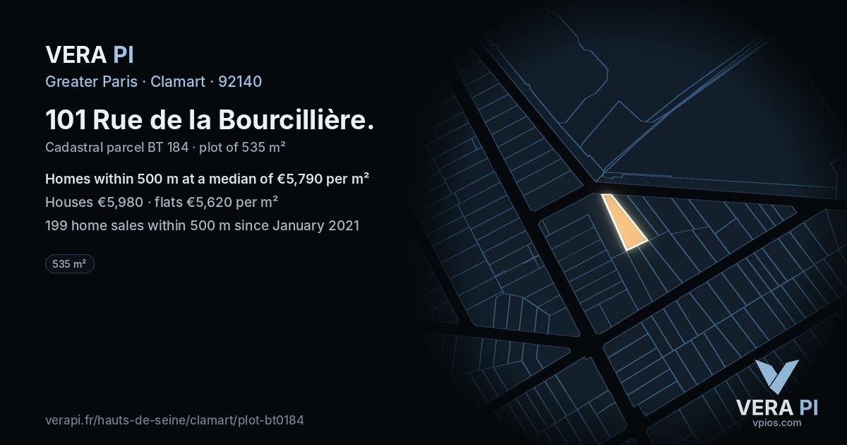 101 Rue de la Bourcillière, Clamart at night – the plot lit, the parcels around coloured by the prices near them