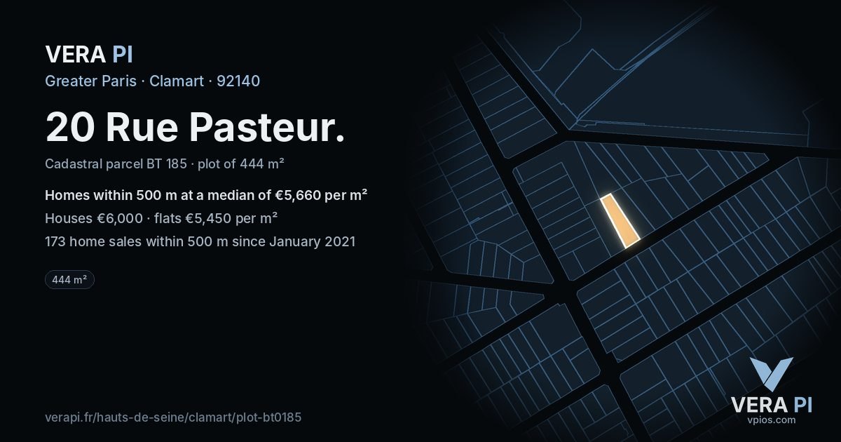 20 Rue Pasteur, Clamart at night – the plot lit, the parcels around coloured by the prices near them