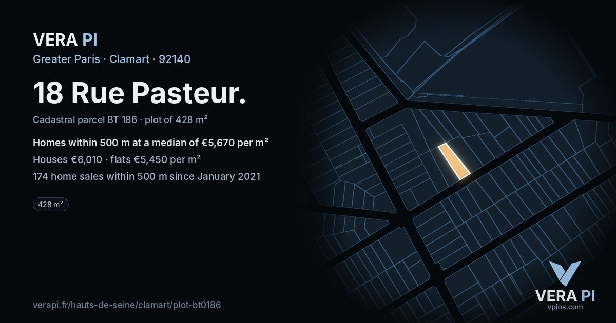 18 Rue Pasteur, Clamart at night – the plot lit, the parcels around coloured by the prices near them