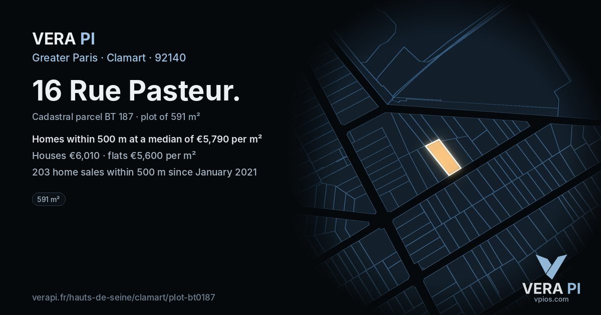 16 Rue Pasteur, Clamart at night – the plot lit, the parcels around coloured by the prices near them
