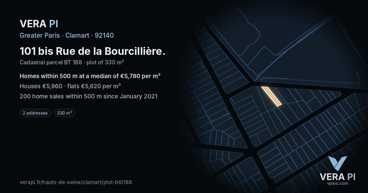 101 bis Rue de la Bourcillière, Clamart at night – the plot lit, the parcels around coloured by the prices near them