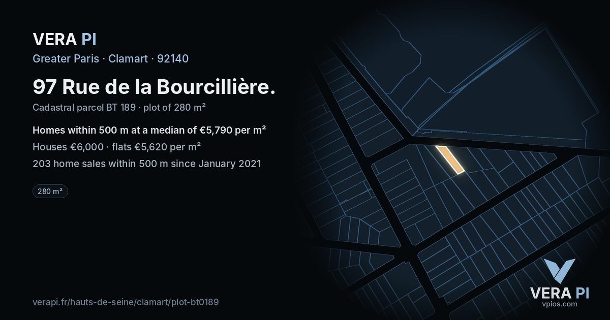97 Rue de la Bourcillière, Clamart at night – the plot lit, the parcels around coloured by the prices near them