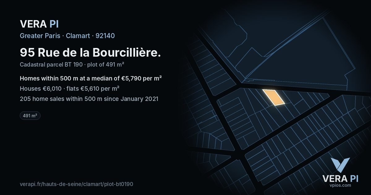 95 Rue de la Bourcillière, Clamart at night – the plot lit, the parcels around coloured by the prices near them