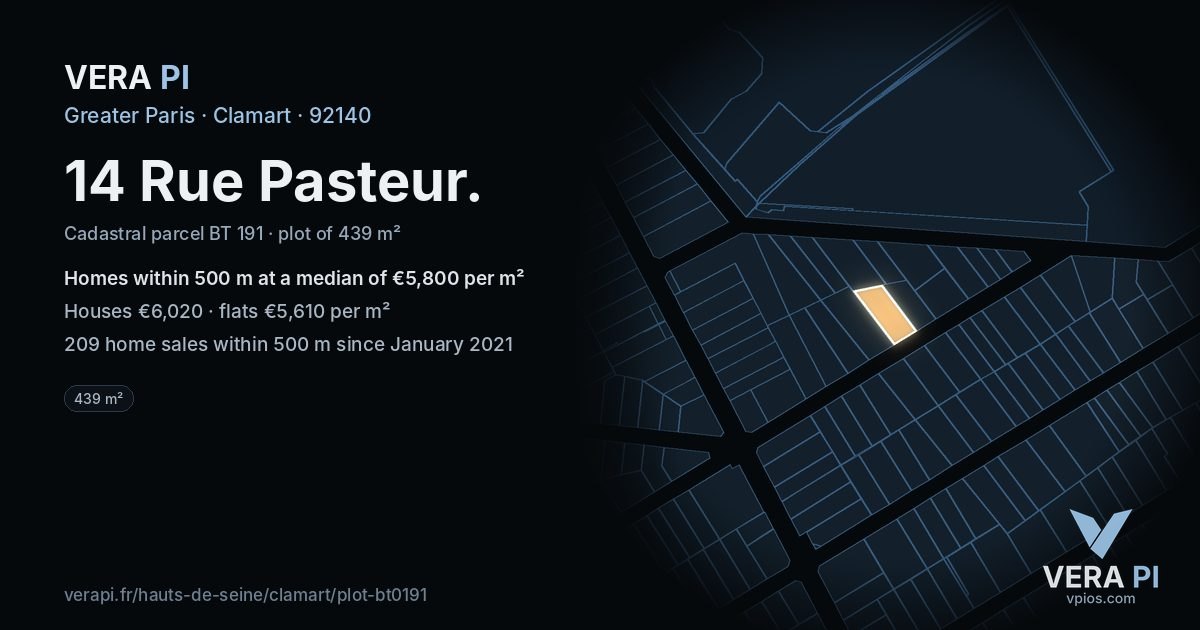 14 Rue Pasteur, Clamart at night – the plot lit, the parcels around coloured by the prices near them