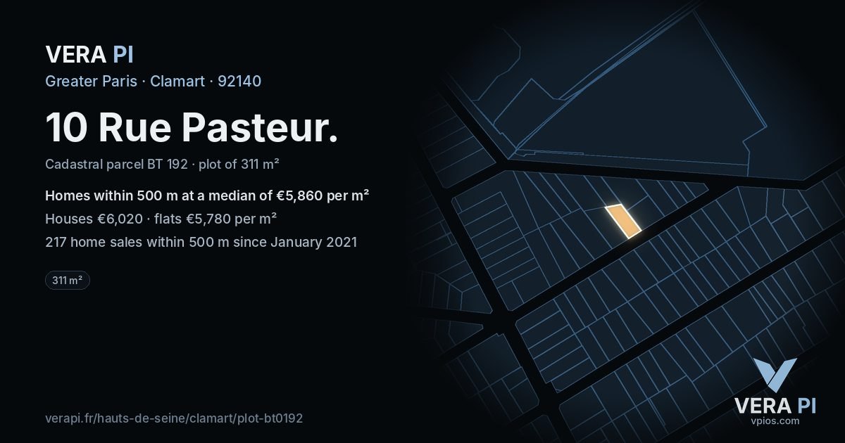10 Rue Pasteur, Clamart at night – the plot lit, the parcels around coloured by the prices near them