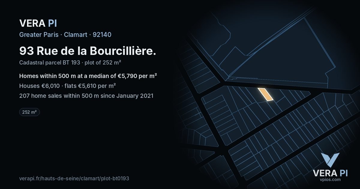 93 Rue de la Bourcillière, Clamart at night – the plot lit, the parcels around coloured by the prices near them