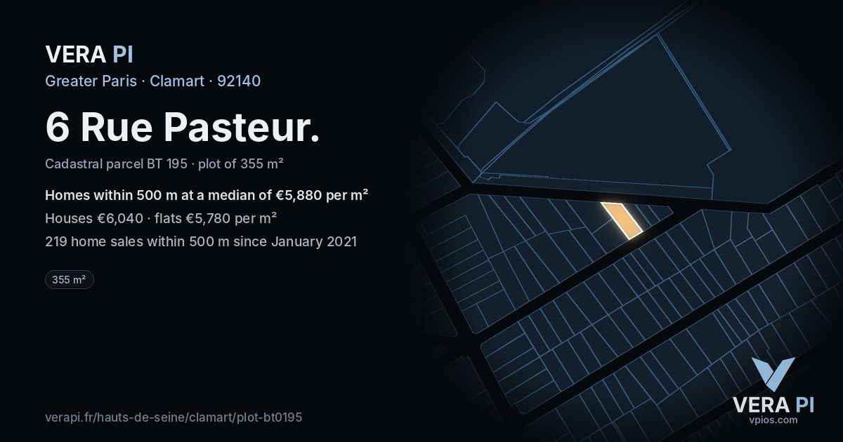 6 Rue Pasteur, Clamart at night – the plot lit, the parcels around coloured by the prices near them