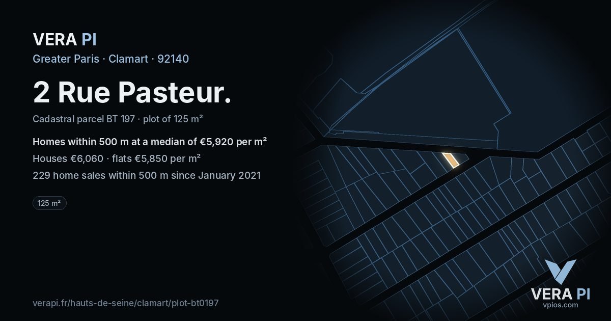 2 Rue Pasteur, Clamart at night – the plot lit, the parcels around coloured by the prices near them
