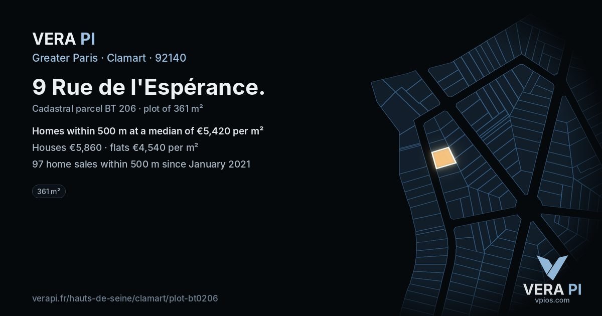 9 Rue de l'Espérance, Clamart at night – the plot lit, the parcels around coloured by the prices near them
