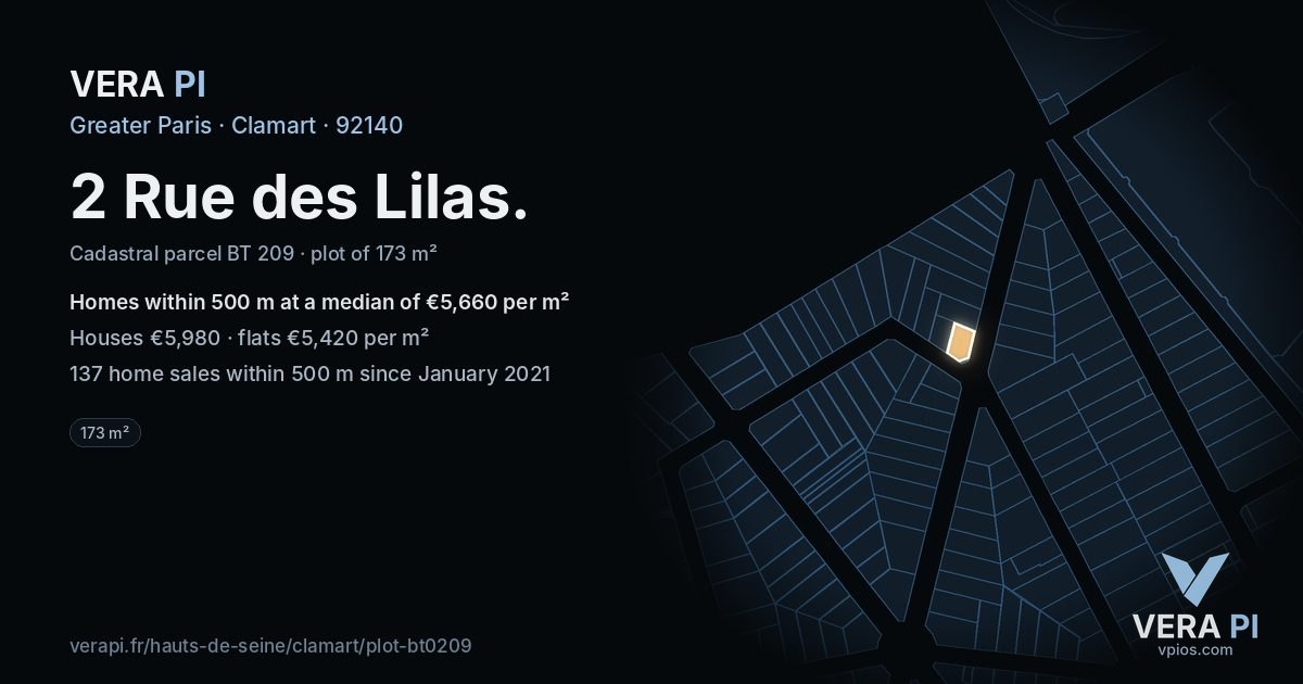 2 Rue des Lilas, Clamart at night – the plot lit, the parcels around coloured by the prices near them