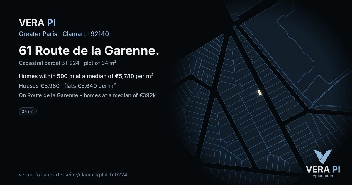 61 Route de la Garenne, Clamart at night – the plot lit, the parcels around coloured by the prices near them