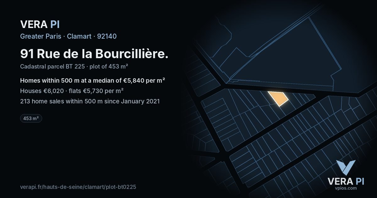 91 Rue de la Bourcillière, Clamart at night – the plot lit, the parcels around coloured by the prices near them
