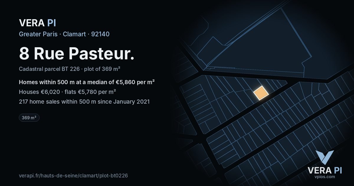 8 Rue Pasteur, Clamart at night – the plot lit, the parcels around coloured by the prices near them
