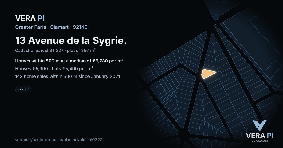 13 Avenue de la Sygrie, Clamart at night – the plot lit, the parcels around coloured by the prices near them
