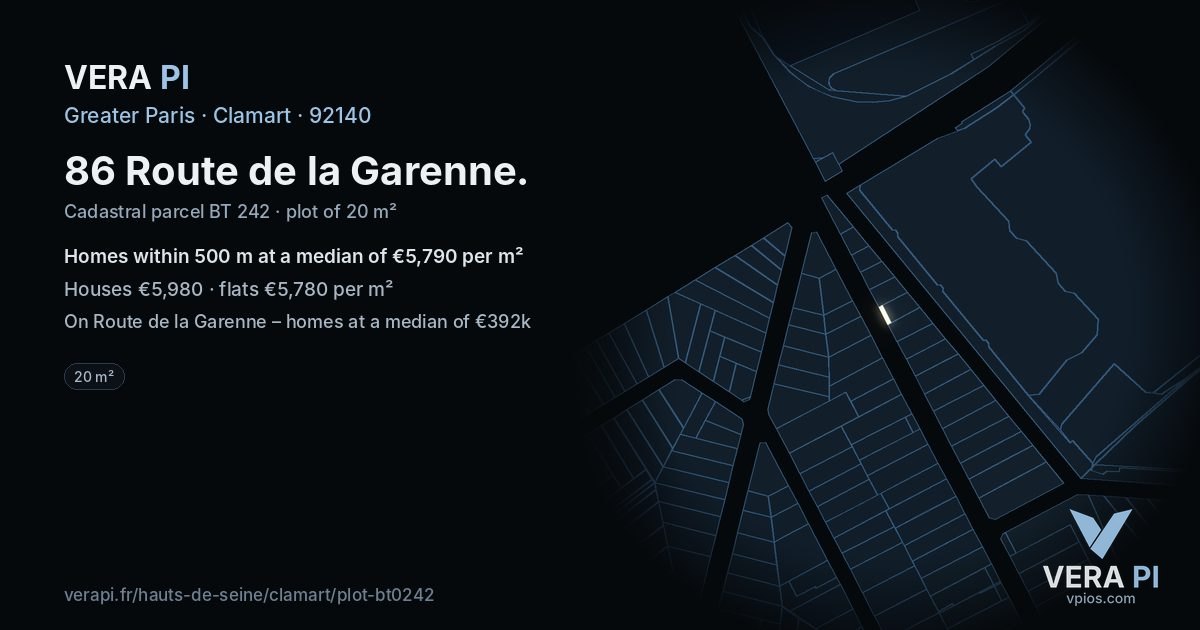 86 Route de la Garenne, Clamart at night – the plot lit, the parcels around coloured by the prices near them