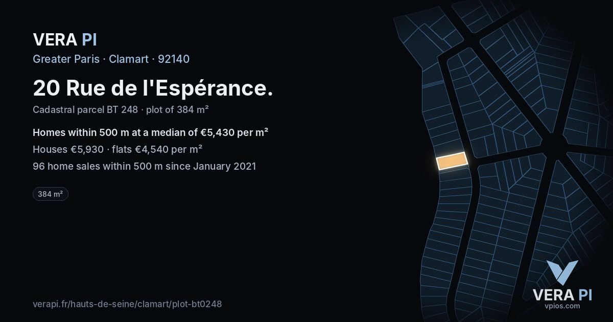 20 Rue de l'Espérance, Clamart at night – the plot lit, the parcels around coloured by the prices near them