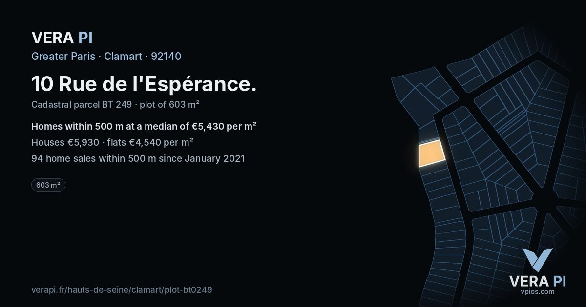 10 Rue de l'Espérance, Clamart at night – the plot lit, the parcels around coloured by the prices near them