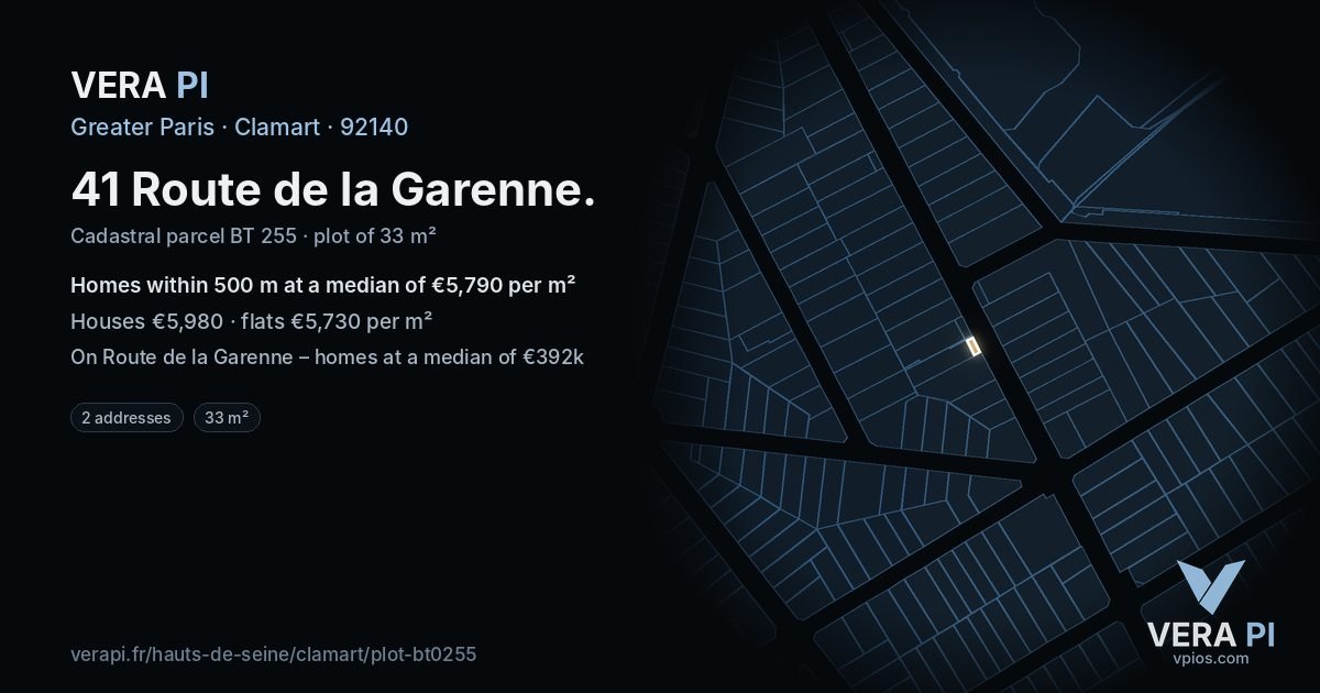 41 Route de la Garenne, Clamart at night – the plot lit, the parcels around coloured by the prices near them