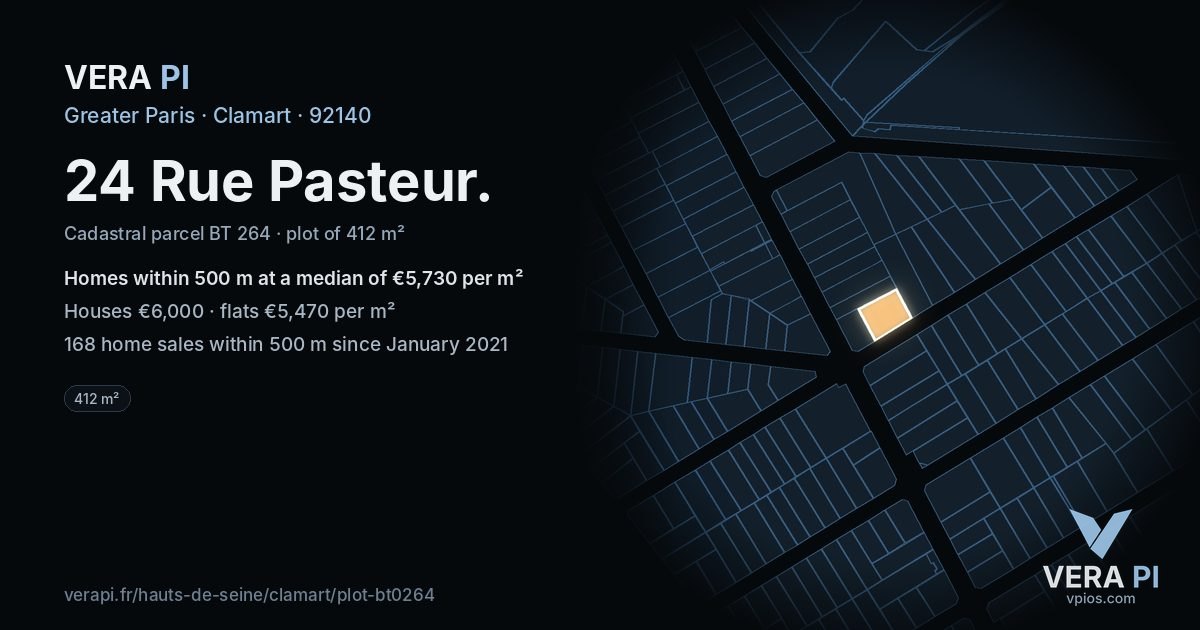 24 Rue Pasteur, Clamart at night – the plot lit, the parcels around coloured by the prices near them