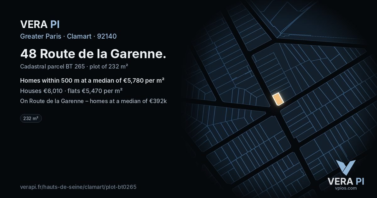 48 Route de la Garenne, Clamart at night – the plot lit, the parcels around coloured by the prices near them
