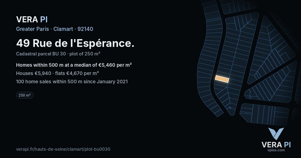 49 Rue de l'Espérance, Clamart at night – the plot lit, the parcels around coloured by the prices near them