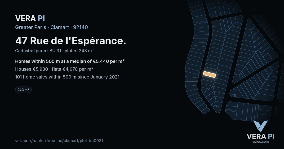 47 Rue de l'Espérance, Clamart at night – the plot lit, the parcels around coloured by the prices near them