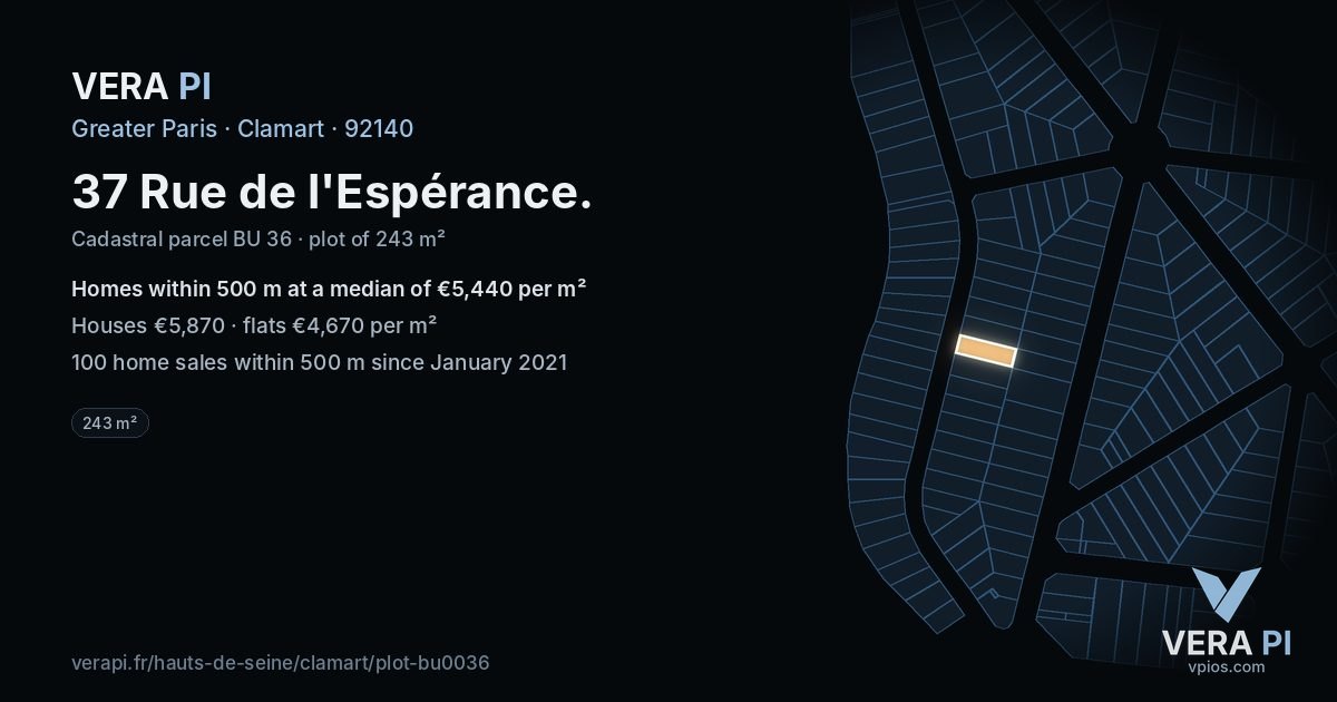 37 Rue de l'Espérance, Clamart at night – the plot lit, the parcels around coloured by the prices near them