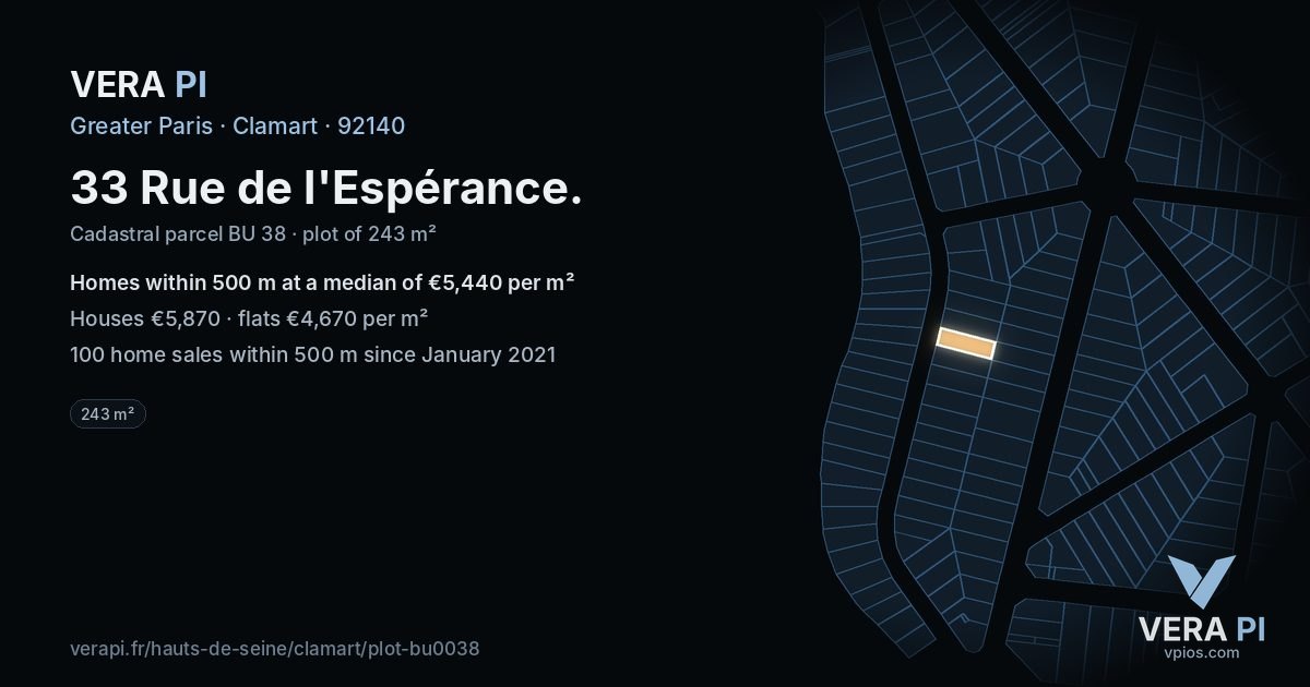 33 Rue de l'Espérance, Clamart at night – the plot lit, the parcels around coloured by the prices near them