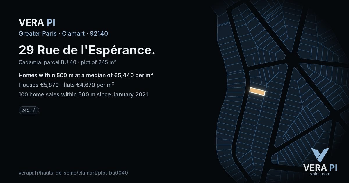 29 Rue de l'Espérance, Clamart at night – the plot lit, the parcels around coloured by the prices near them