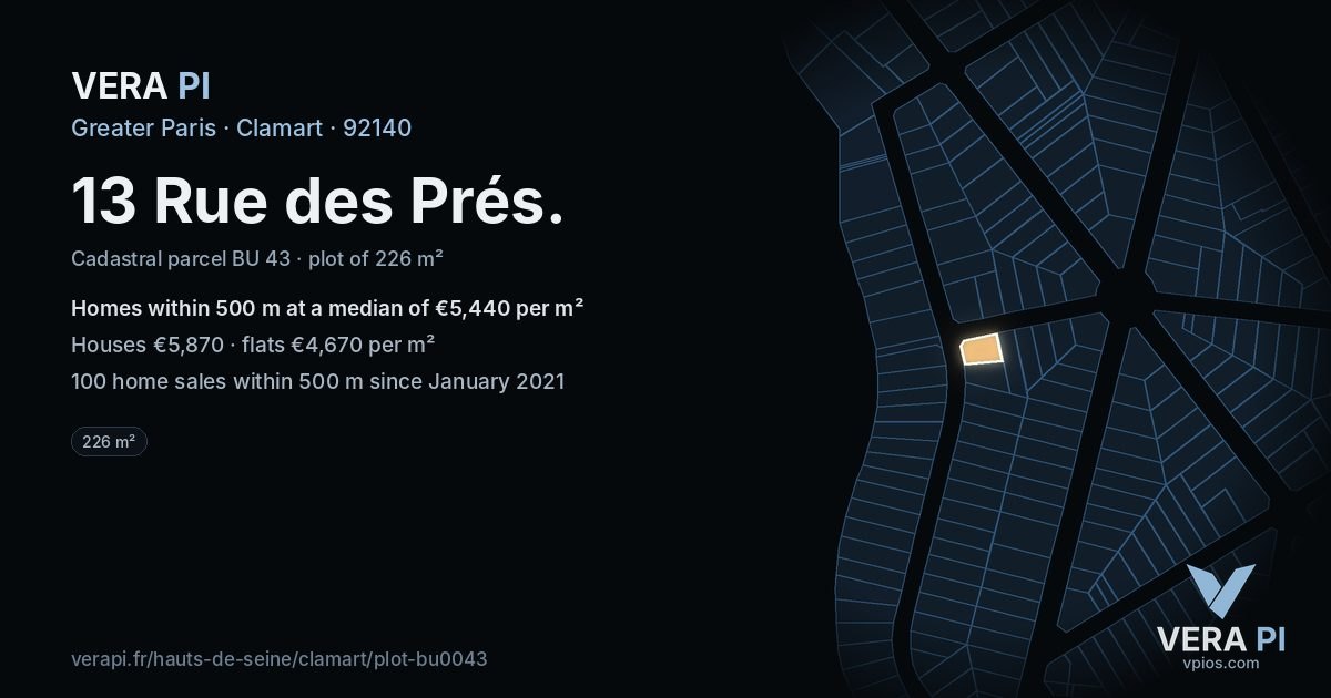 13 Rue des Prés, Clamart at night – the plot lit, the parcels around coloured by the prices near them