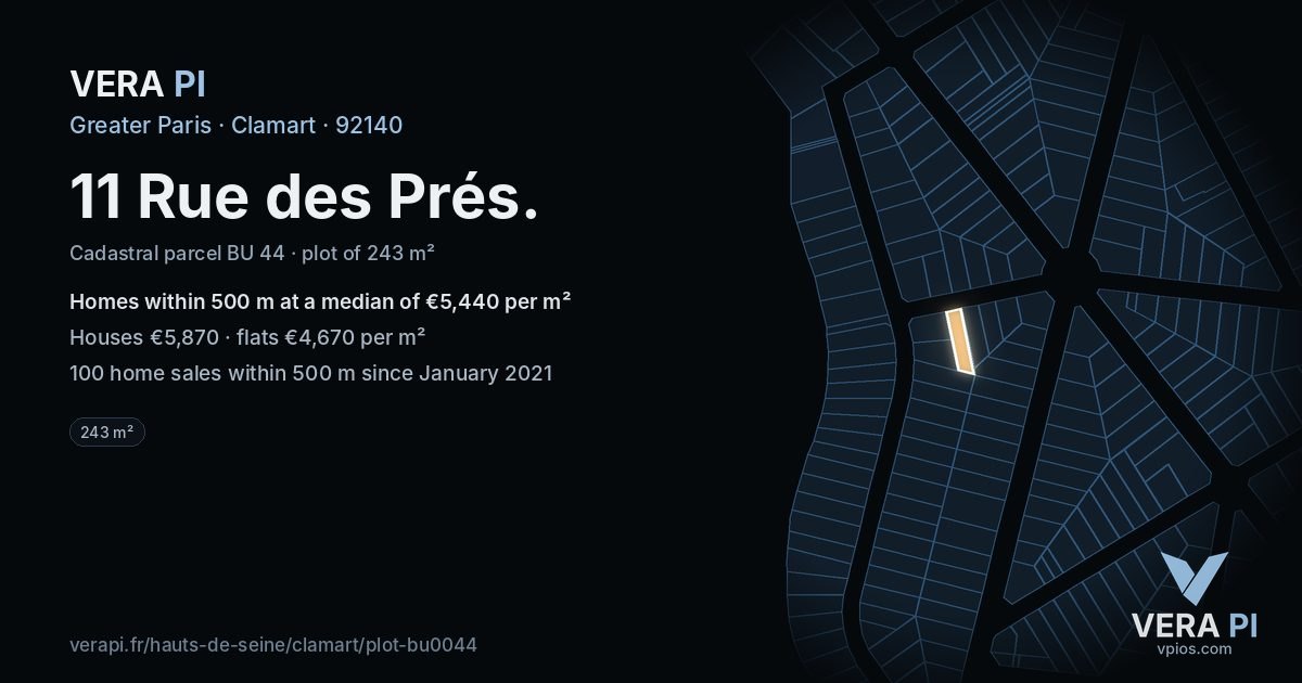 11 Rue des Prés, Clamart at night – the plot lit, the parcels around coloured by the prices near them