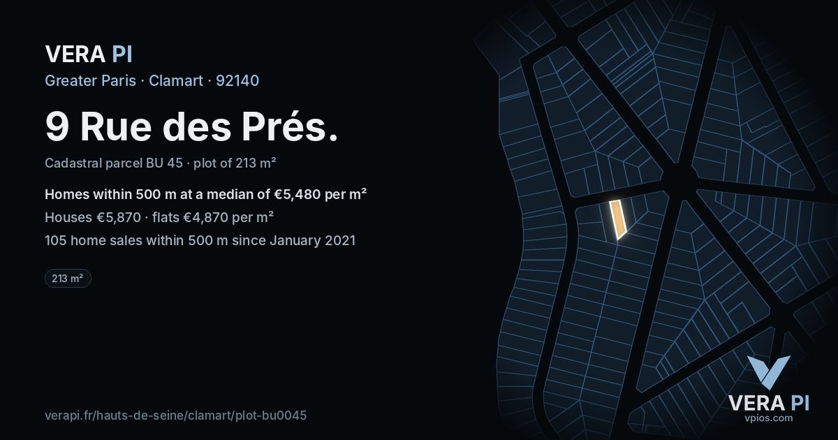 9 Rue des Prés, Clamart at night – the plot lit, the parcels around coloured by the prices near them