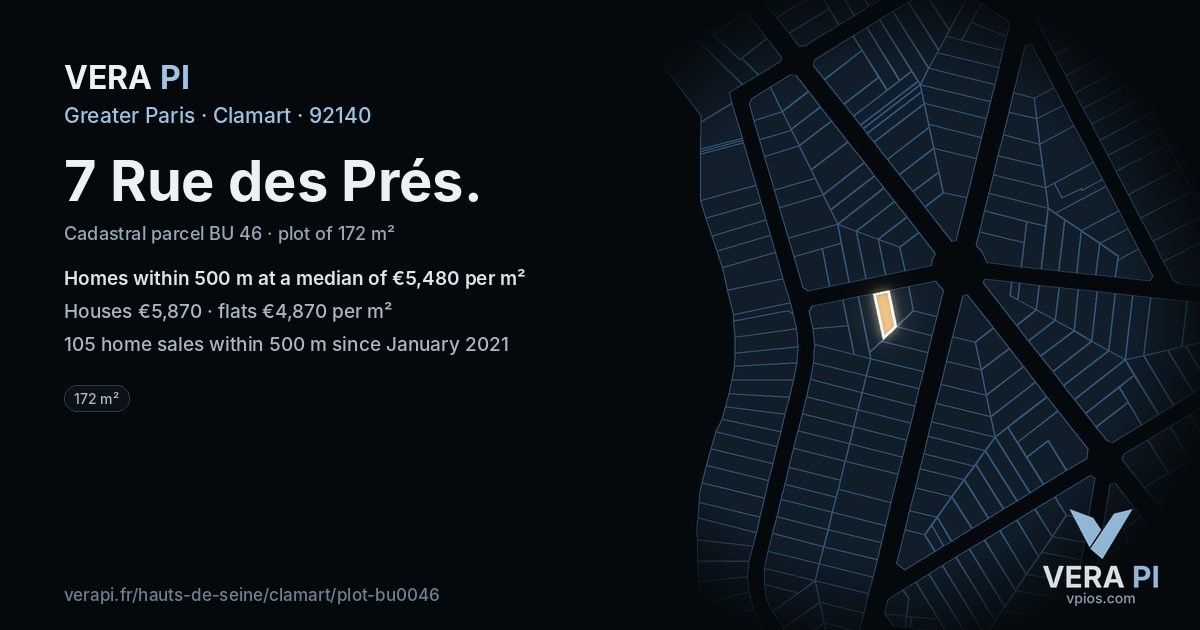 7 Rue des Prés, Clamart at night – the plot lit, the parcels around coloured by the prices near them