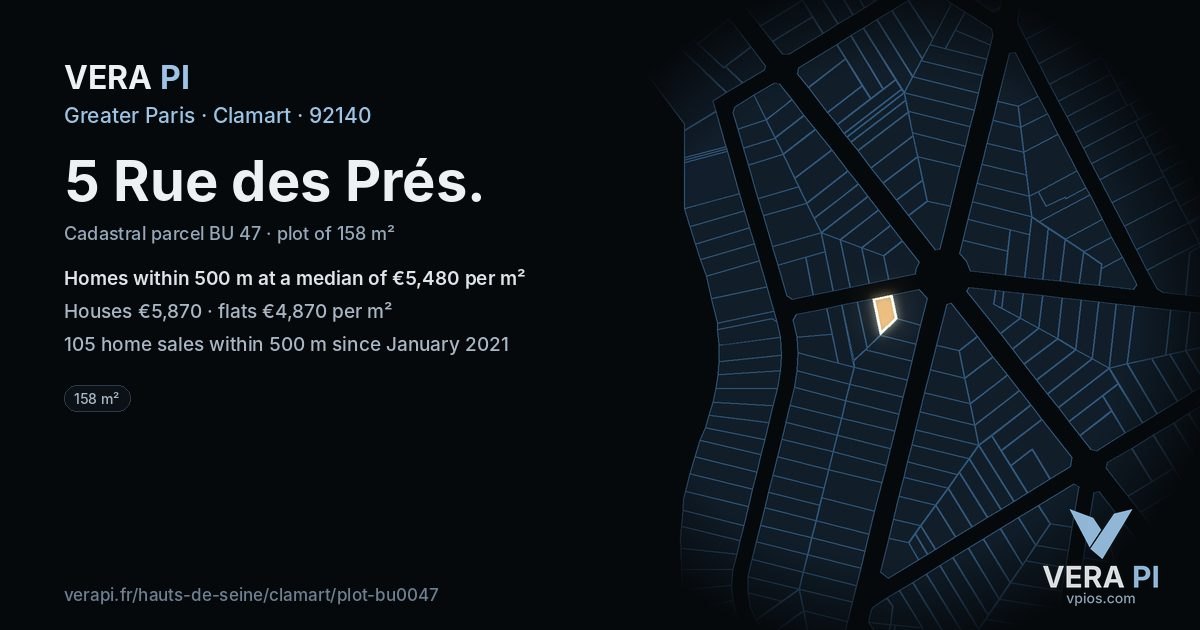 5 Rue des Prés, Clamart at night – the plot lit, the parcels around coloured by the prices near them