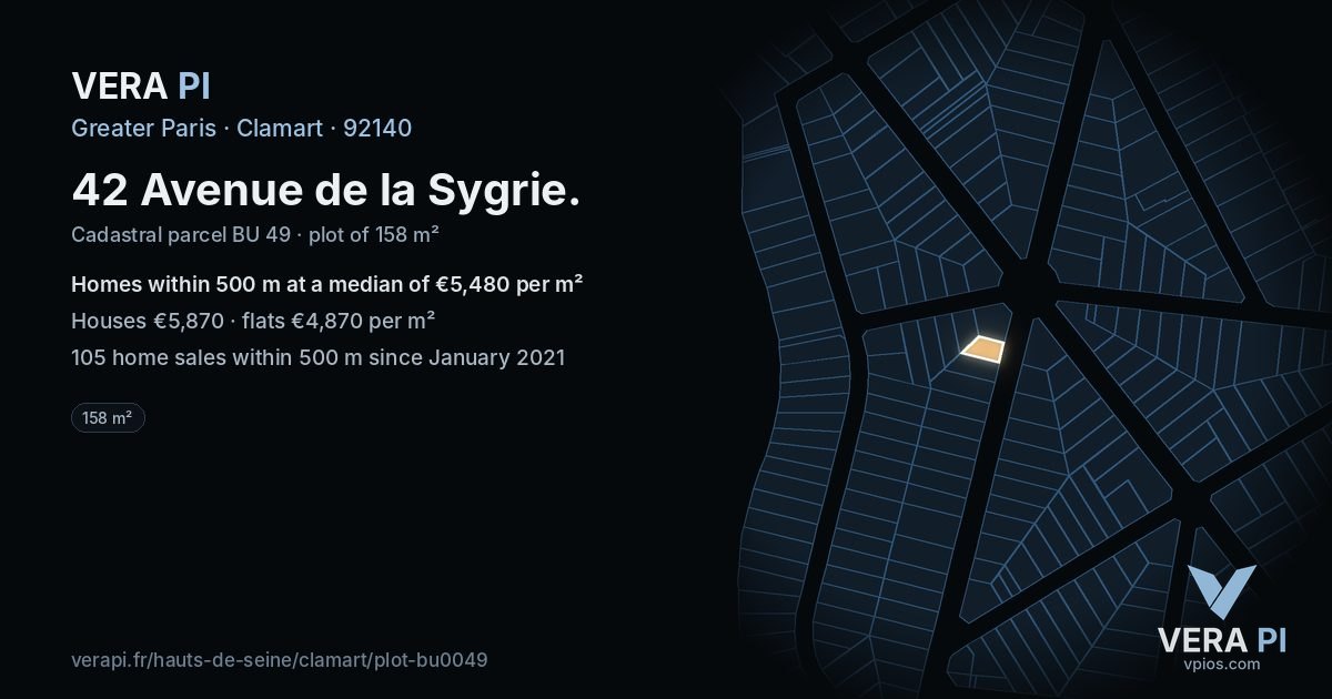 42 Avenue de la Sygrie, Clamart at night – the plot lit, the parcels around coloured by the prices near them