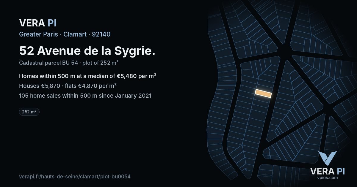 52 Avenue de la Sygrie, Clamart at night – the plot lit, the parcels around coloured by the prices near them