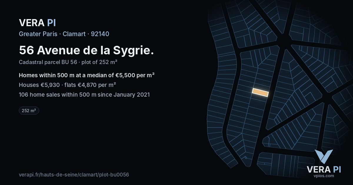 56 Avenue de la Sygrie, Clamart at night – the plot lit, the parcels around coloured by the prices near them