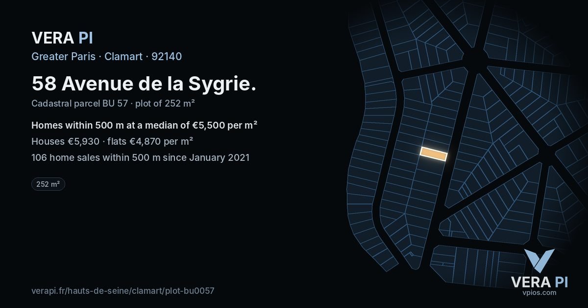 58 Avenue de la Sygrie, Clamart at night – the plot lit, the parcels around coloured by the prices near them
