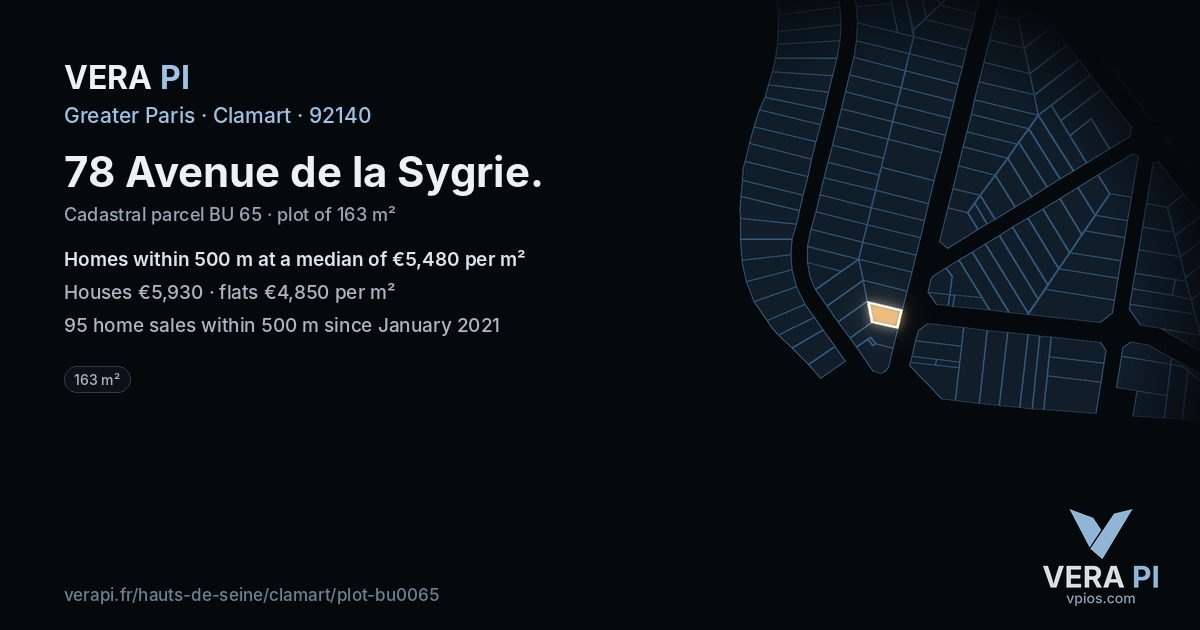 78 Avenue de la Sygrie, Clamart at night – the plot lit, the parcels around coloured by the prices near them