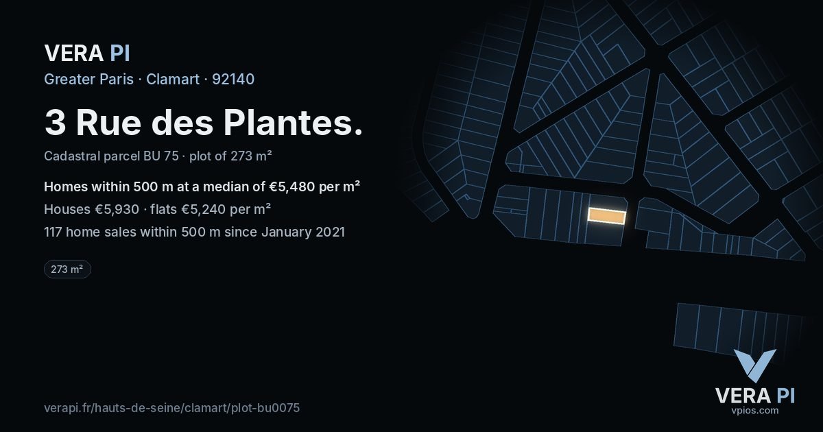 3 Rue des Plantes, Clamart at night – the plot lit, the parcels around coloured by the prices near them