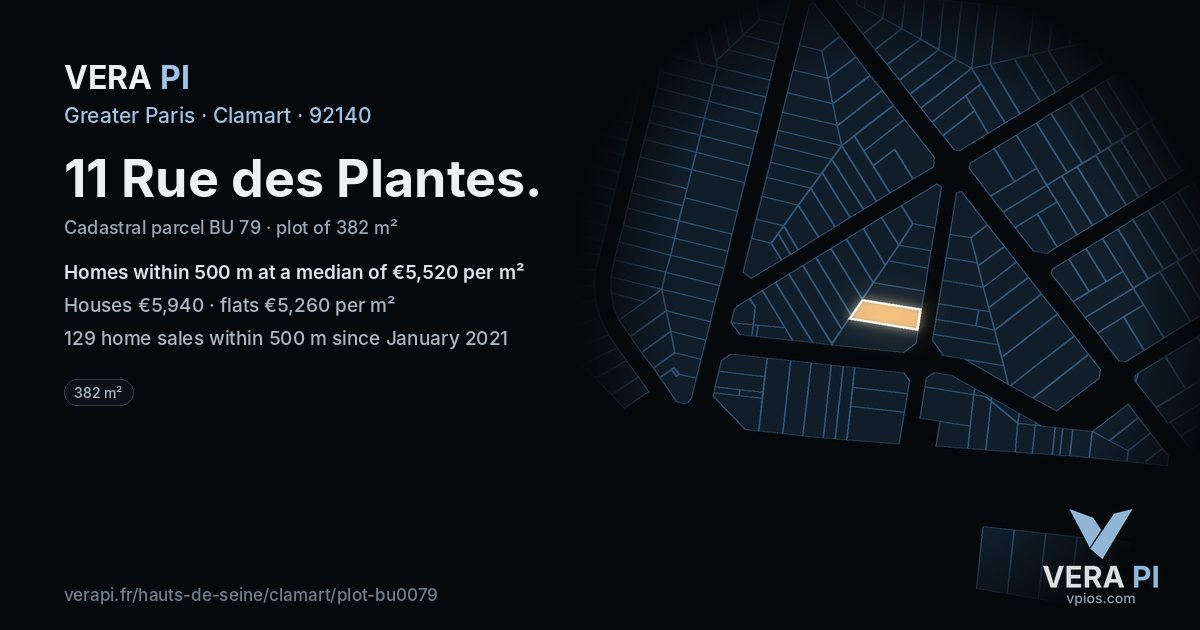 11 Rue des Plantes, Clamart at night – the plot lit, the parcels around coloured by the prices near them