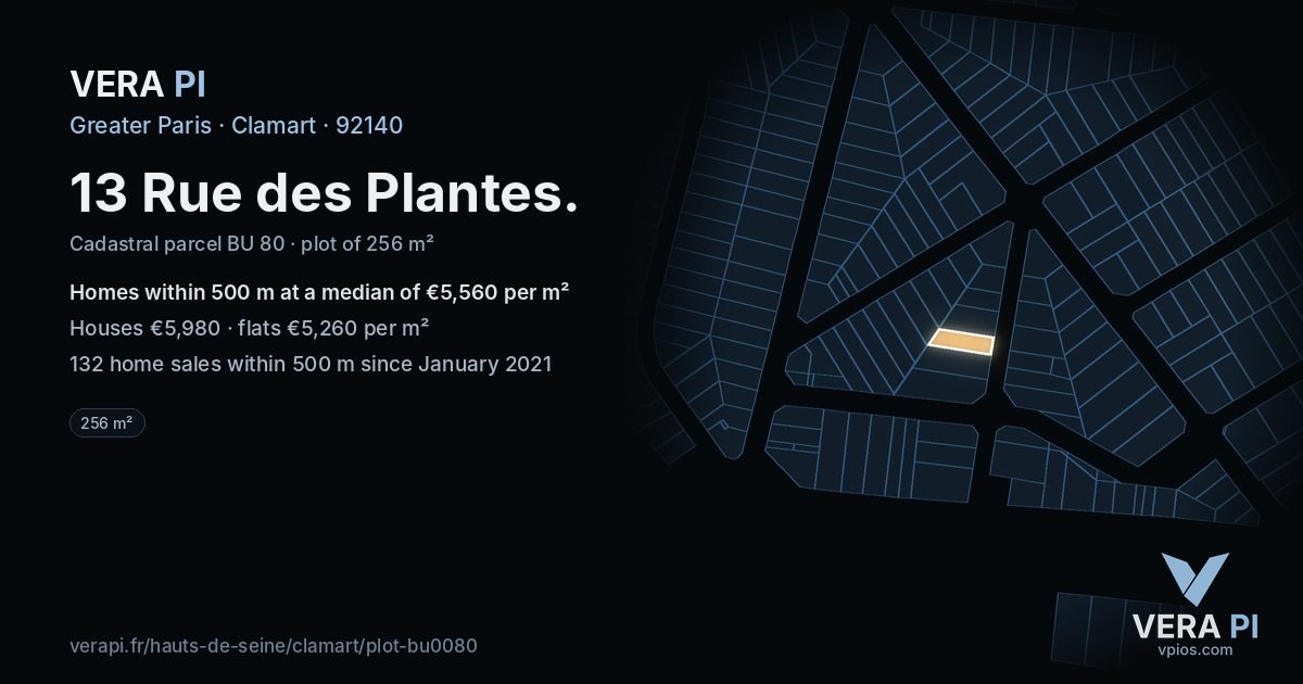 13 Rue des Plantes, Clamart at night – the plot lit, the parcels around coloured by the prices near them