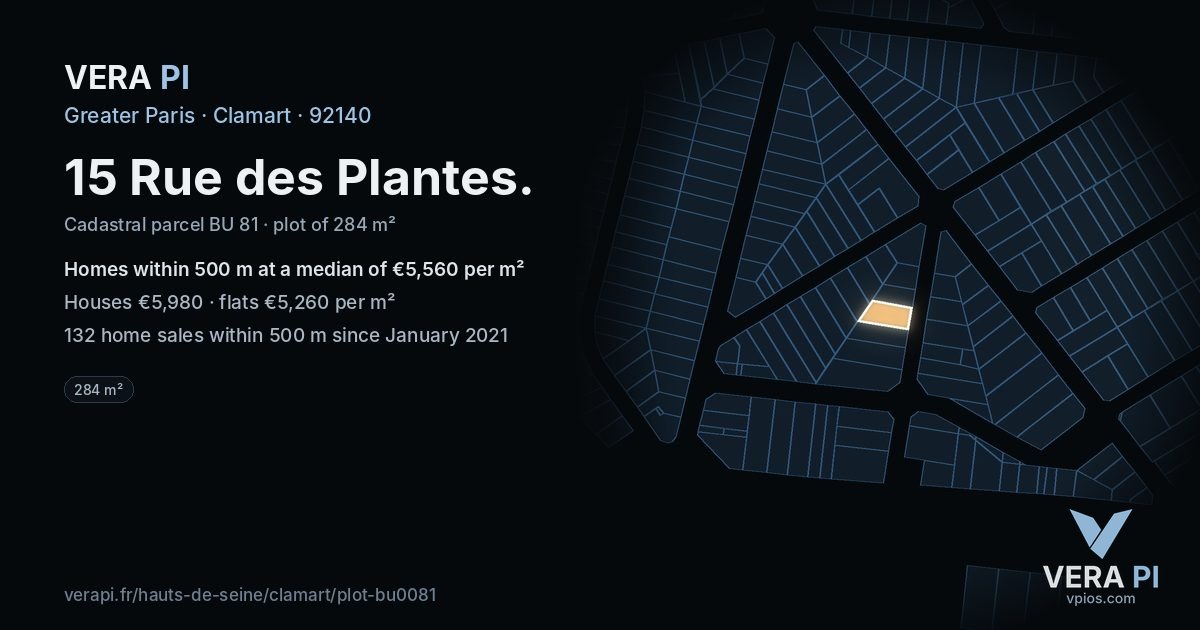 15 Rue des Plantes, Clamart at night – the plot lit, the parcels around coloured by the prices near them