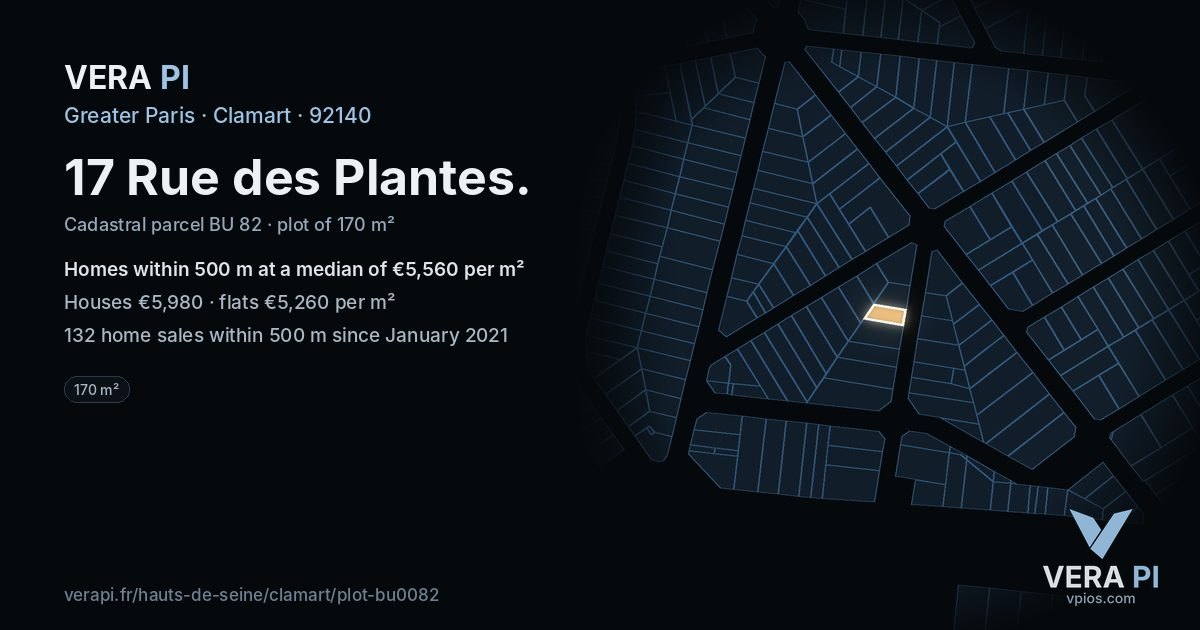 17 Rue des Plantes, Clamart at night – the plot lit, the parcels around coloured by the prices near them
