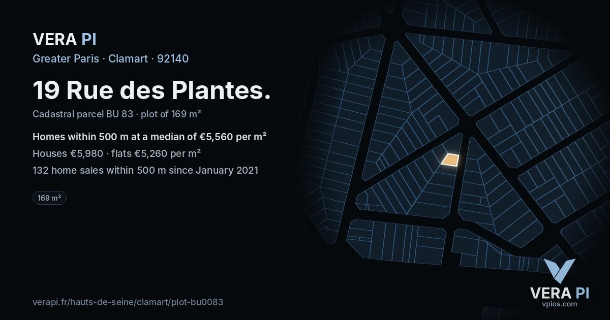 19 Rue des Plantes, Clamart at night – the plot lit, the parcels around coloured by the prices near them