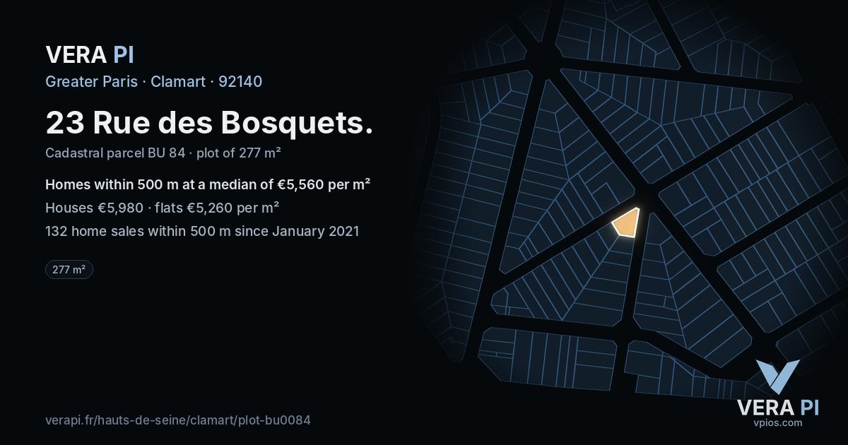 23 Rue des Bosquets, Clamart at night – the plot lit, the parcels around coloured by the prices near them